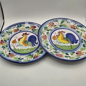 2 Vietri Rooster Dinner Plate Italy 10.75" hand painted terracotta floral Vtg
